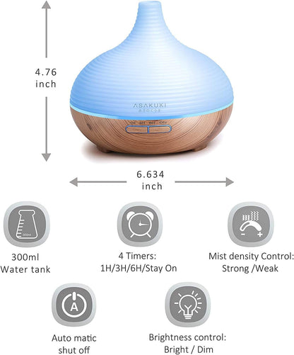 300ML Premium, Essential Oil Diffuser, Quiet 5-In-1 Humidifier, Natural Home Fragrance Diffuser with 7 LED Color Changing Light and Easy to Use